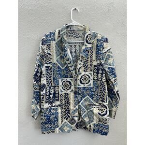 Blair Womens Blazer Size Large Blue Tan Abstract ButtonUp LongSleeve Lightweight